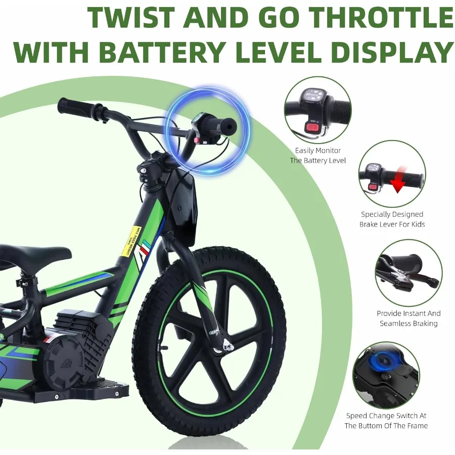 Lightweight Electric Dirt Bike for 170/340W Electric Motorcycle Up to 10/12MPH 24V Detachable Battery Hand-Operated Dual Brakes