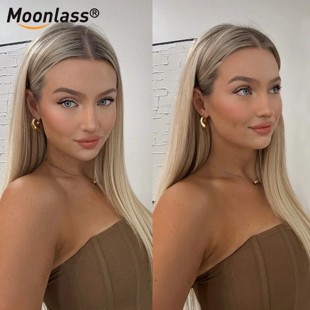 Moonlass Christmas Straight Ash Blonde 100% Real Human Hair 210% Density Ready To Wear Pre Cut Hair Wig 13x6 Lace Front Remy Wig