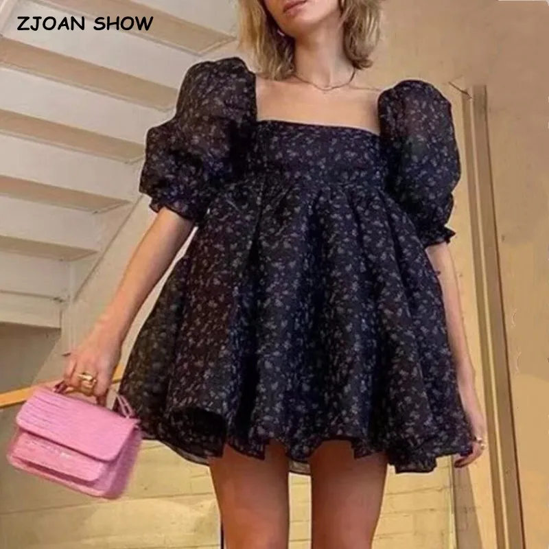 Sweet Black Floral Print Organza Ball Gown Dress Puff Sleeve Retro Women Swing Short Princess Dresses Fairy Cake Vestidos