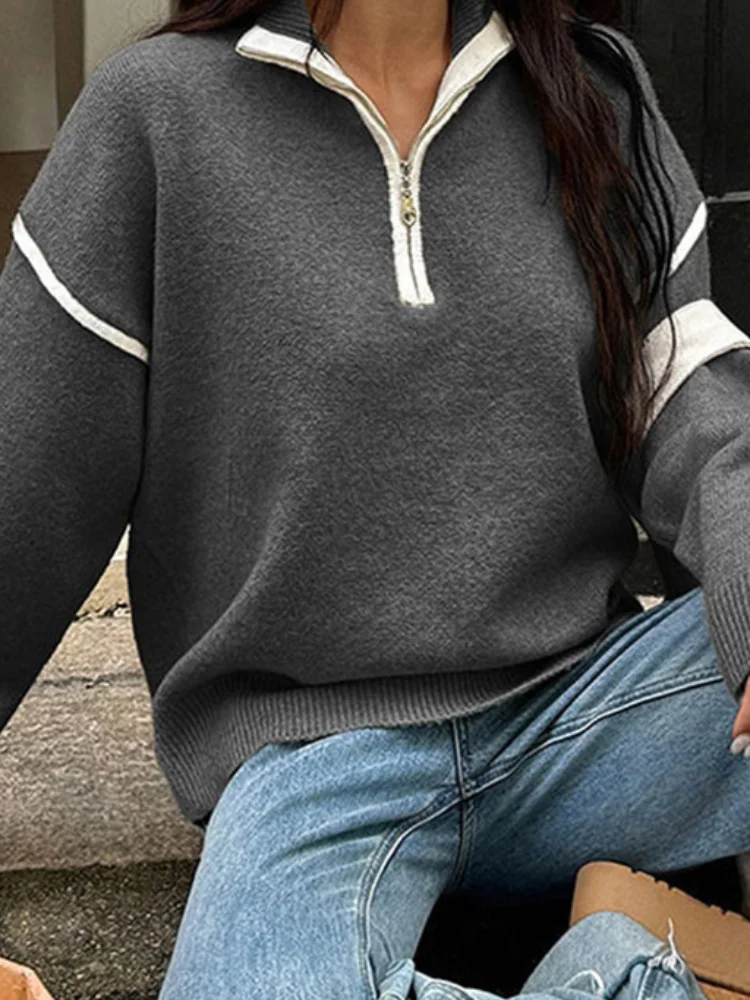 

Fashion Zipper Mock Neck Knitted Sweaters Spring Autumn Women's All-match Long Sleeve Loose Casual Pullovers Streetwear