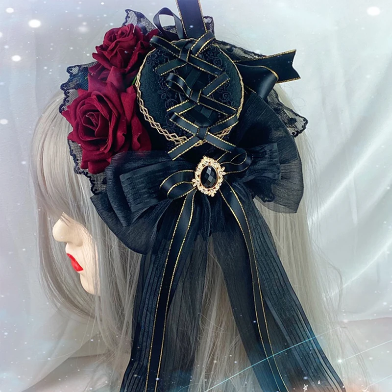 Lolita hoofdtooi gotische donkere elegante platte hoed strik kleine hoed met kralenketting anime meid cosplay hoofdband haaraccessoires