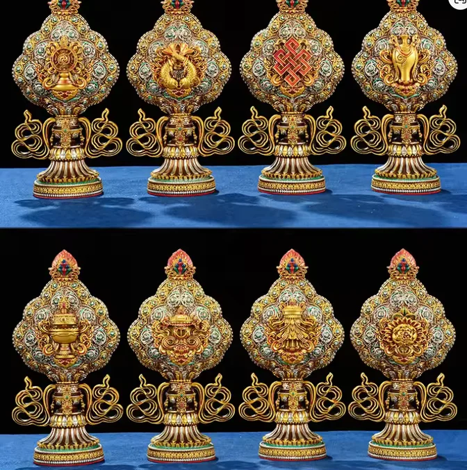 Color Painted Resin Eight Auspicious Symbols Set Statue Ashṭamangala Sculpture Tibetan Buddhist Altar Decor,18cm,24.5cm