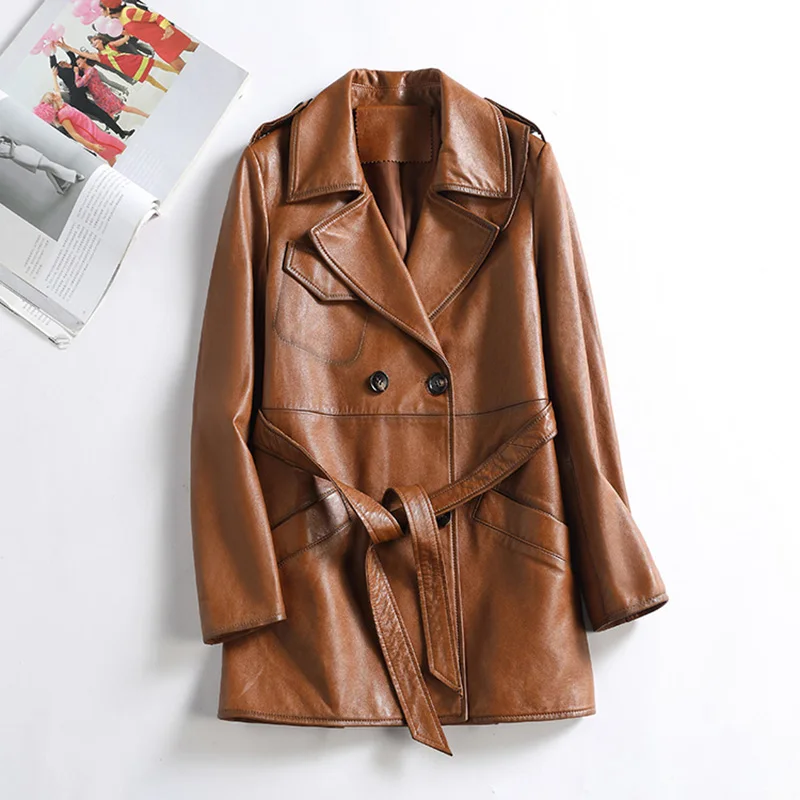 Women Leather Jacket Solid Belt Long Genuine Sheepskin Coat 2024 New Overcoat Retro CL4030