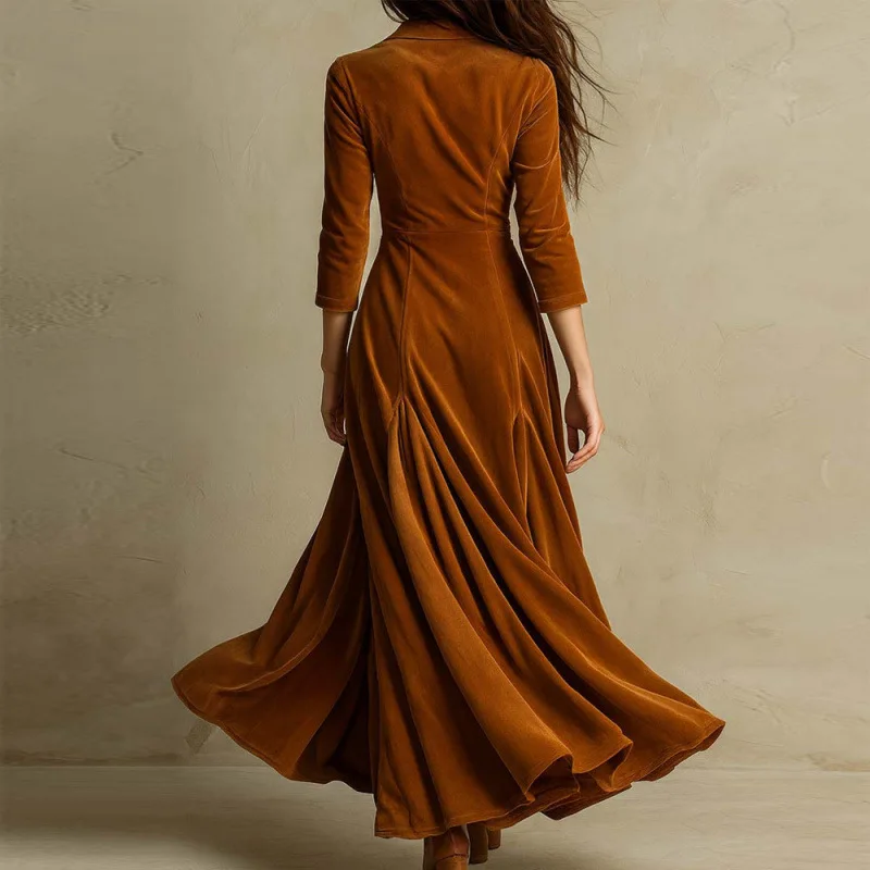 2025 Spring Fall Casual Women Suit Collar Velvet Long Dress 2025 New Slim Elegant Office Lady Fashion Solid Velour Dresses