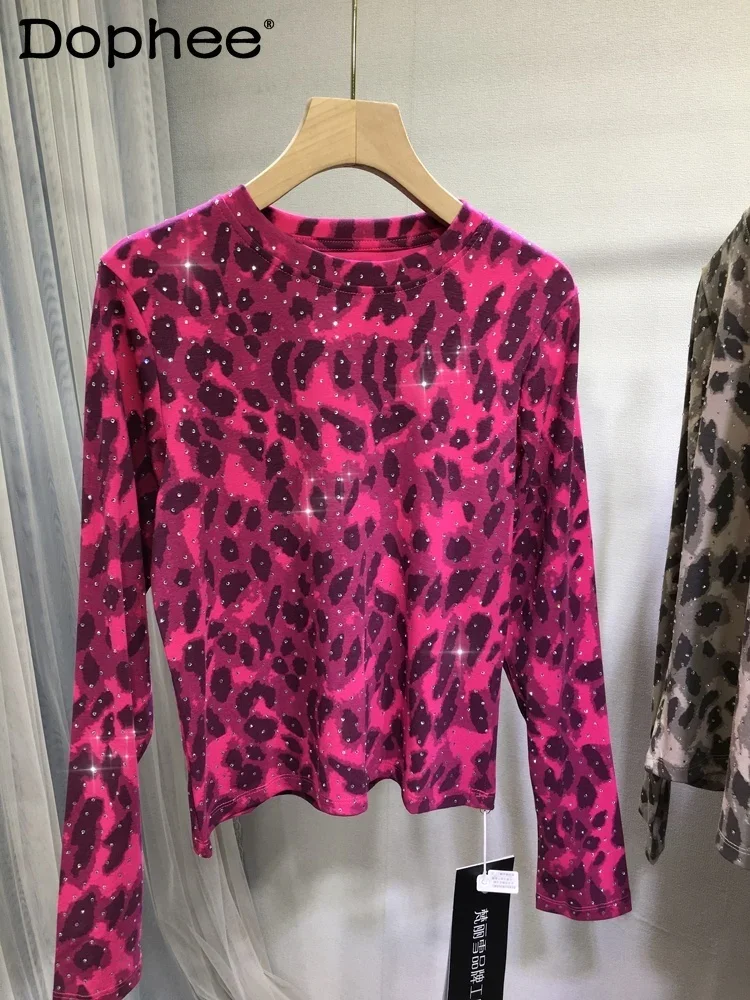 Sexy Leopard Print Slim-fitting Topnew Autumn and Winter 2024 New European Goods Heavy Industry Hot Diamond Bottoming Shirt