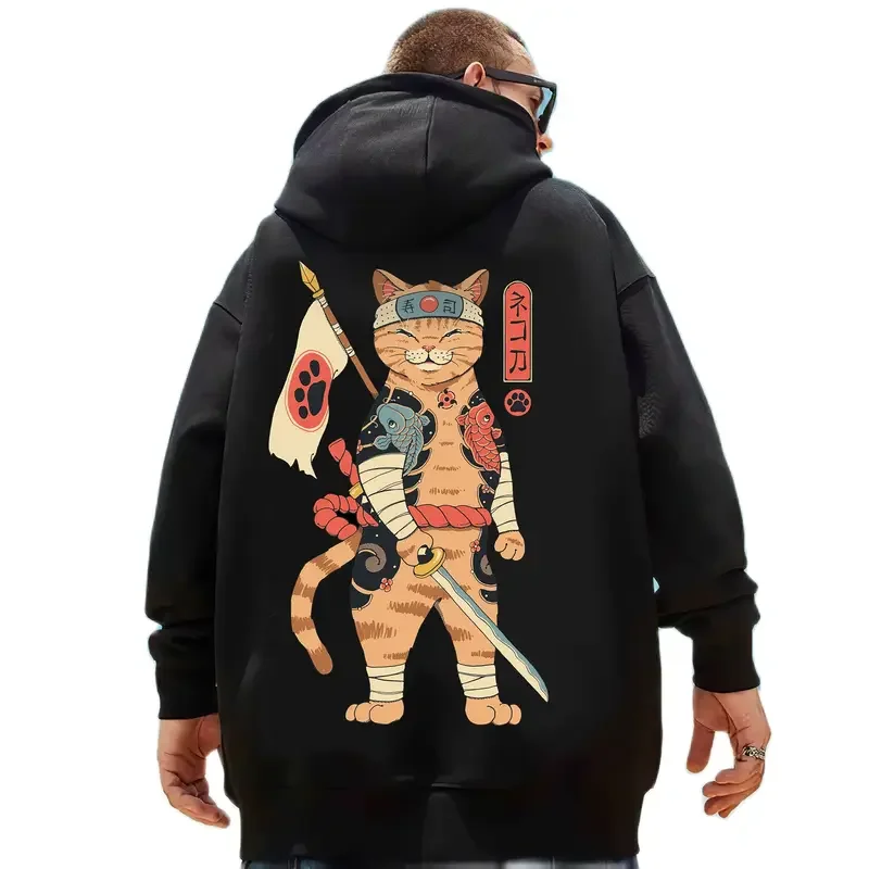 Samurai Cat Printed Men's Hooded Sweatshirts Japanese Element Graphic Pullover Autumn Keep Warm Essentials Hoodie Oversized Coat