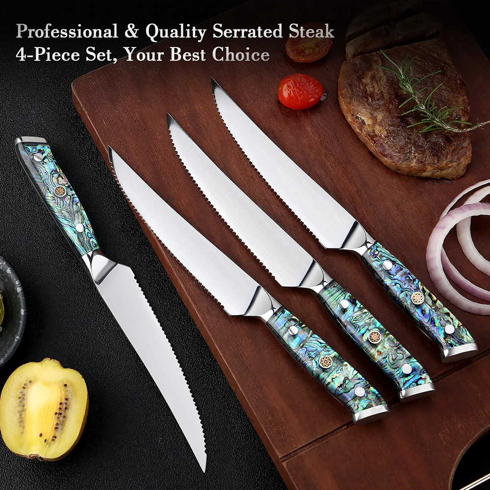 XITUO Serrated Steak Knives Set Abalone shell handle Handles Sharp 5Cr15MoV Steel Steak Knife Durable Stable Full Tang Design