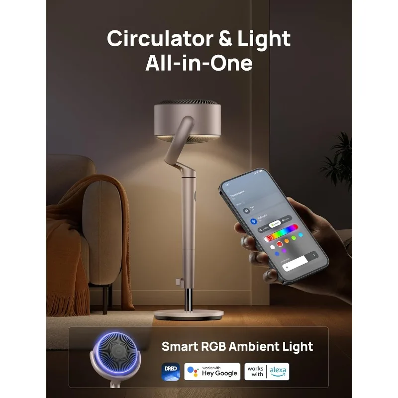 مراوح ذكية لغرفة النوم، 120 ° +120 ° مروحة متأرجحة متعددة الاتجاهات، مروحة بقاعدة هادئة بطول 90 قدمًا مع ضوء RGB، 9 سرعات #5