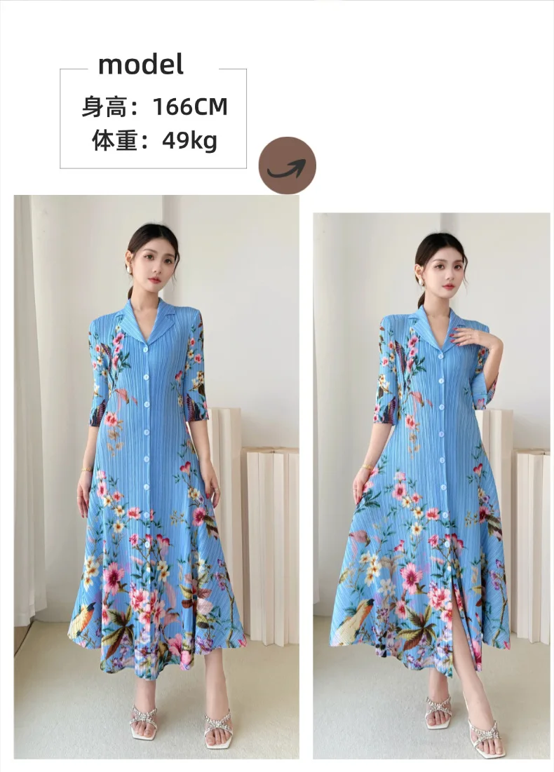 Blumendruck Miyake Plissiertes Kleid mit Reverskragen, 3/4-Ärmeln und Knopfleiste, Midi-Länge, Leichtes Freizeitkleid für den Alltag, Stilvolles Damenkleid – Detail 7