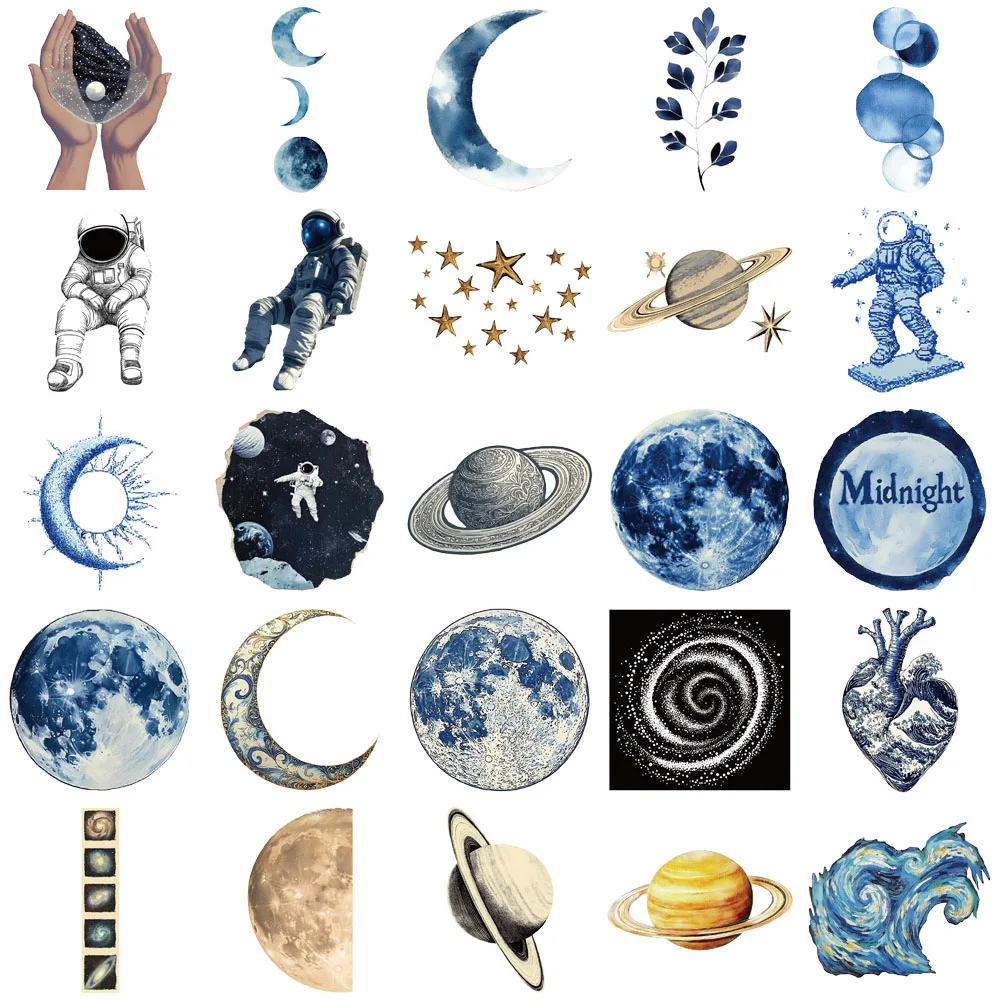 50 Uds. Pegatinas creativas de Material transparente para mascotas, espacio azul, decoración de funda de teléfono, cuaderno DIY, pegatinas personalizadas con taza de agua