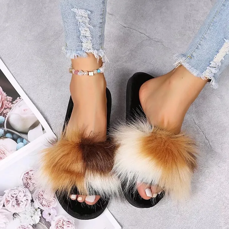 Girls Slippers New Arrival Luxury Ladies Outdoor Furry Fur Flip Flops Women Amazing Plush Slides Wholesale Beach Flats Shoes