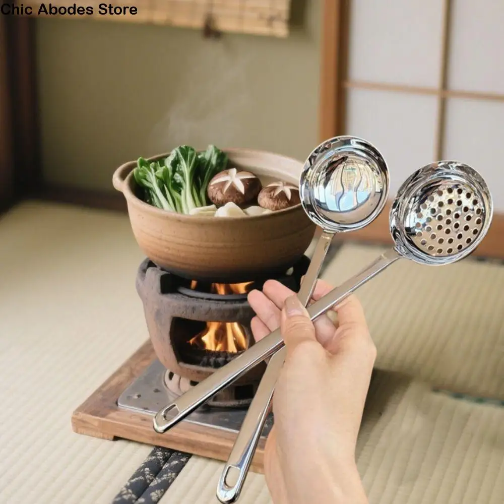 

Kitchen Utensil Stainless Steel Soup Spoon Long Handle Flat Bottom Hot Pot Scoop Rust-proof Deepened Slotted Spoon Porridge