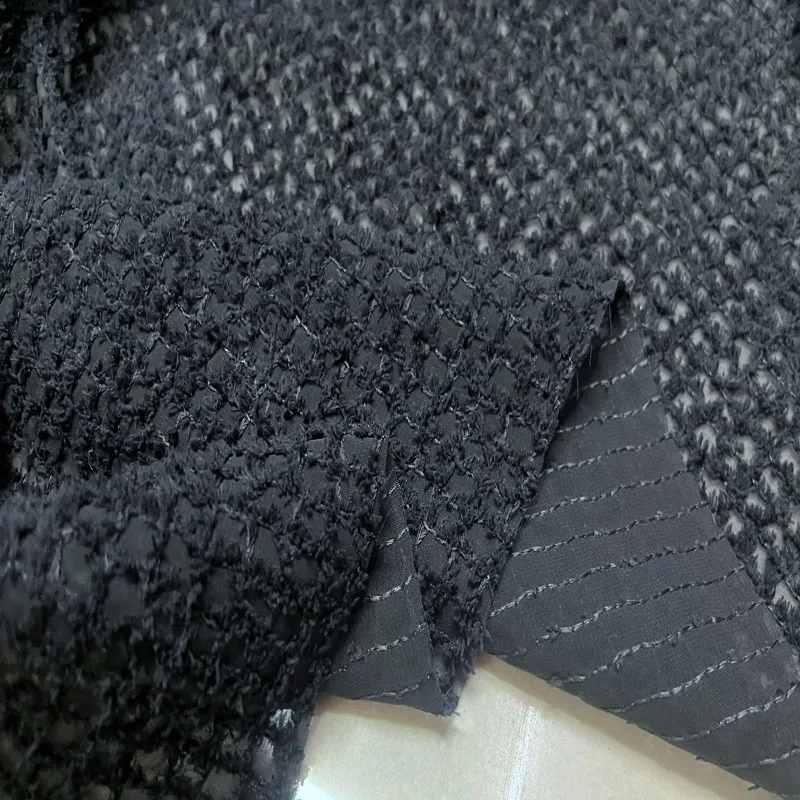 

1meter Sheer Black Checkered Fringe Embroidered Chiffon Linen Fabric for Spring Summer Dress Shirt DIY Sewing Accessories