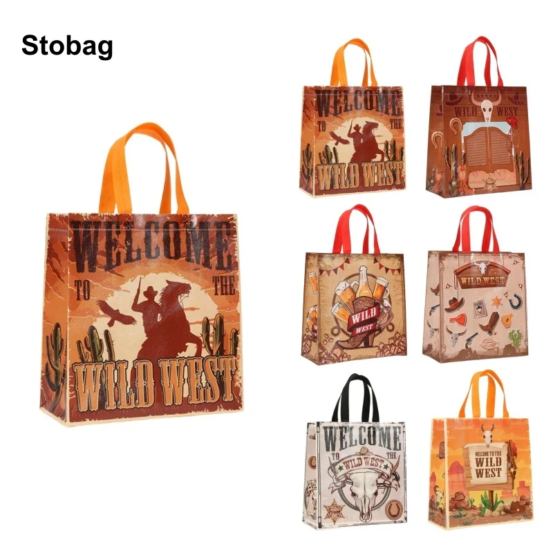 

StoBag 8/20pcs Cartoon Western Cowboy Non-woven Gift Tote Bag Fabric Large Kid Package Handbag Waterproof Storage Reusable Pouch