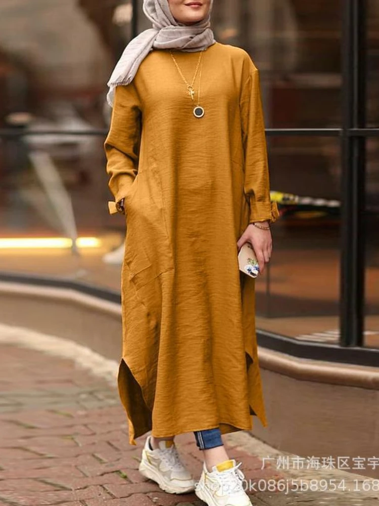 Vintage Ramadan Muslim Women\'s Long Top Dress Abaya Split Midi Dress Full Sleeve Vestidos Female Solid Pockets Robe Abayas 2021