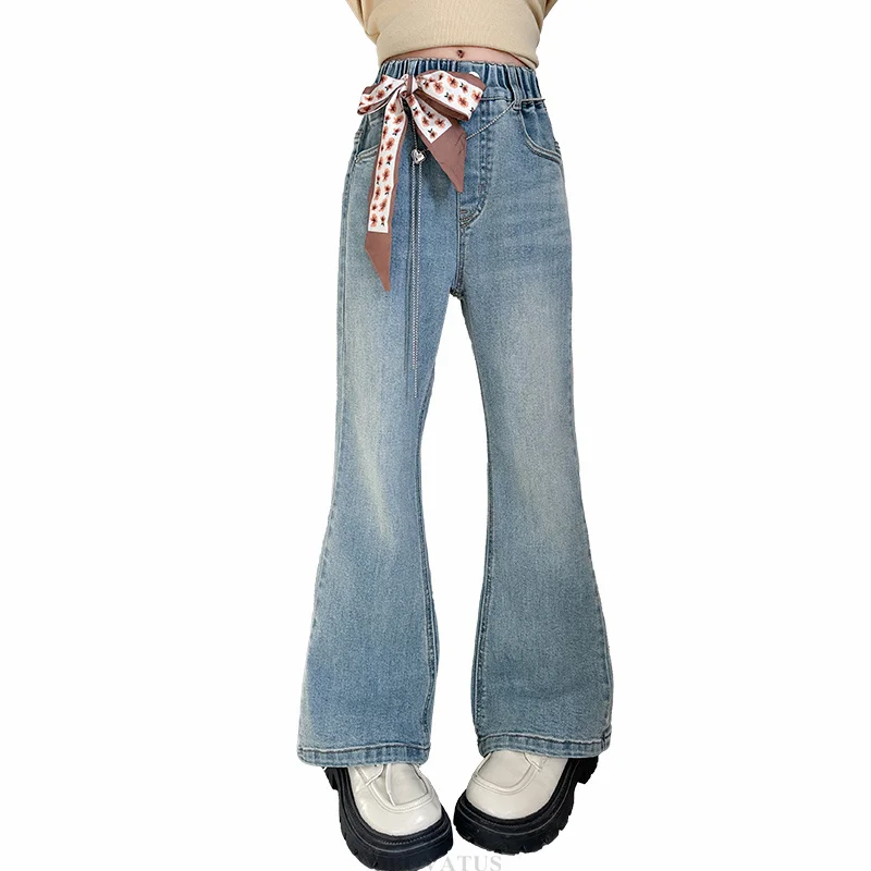 

New Arrival Baby Girl Boot Cut Jeans with Bows Heart Pattern Denim Pants For Kids Child Casual Flare Jeans Trousers Age 5-14 Y