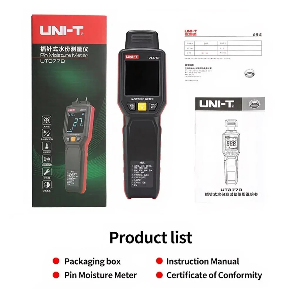 Pin-type UT377B wood moisture meter with 7-mode switch for timber plywood furniture and construction materials