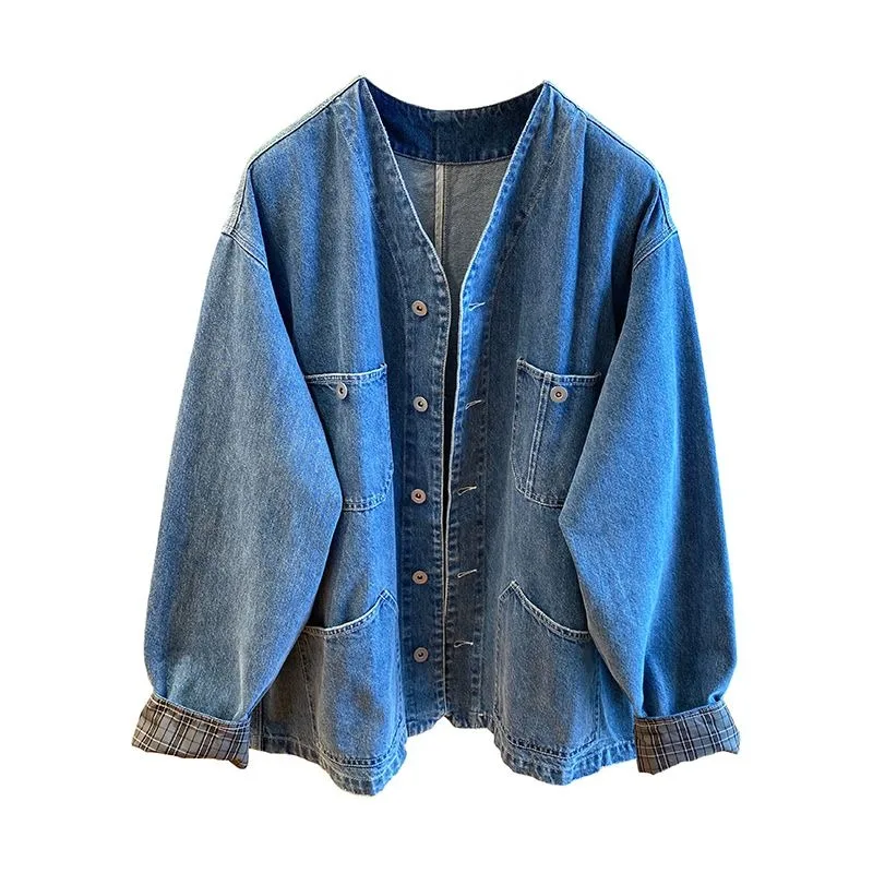 Women's High-end V-neck Jeans Jacket Trendy Denim Jacket Spring Autumn New Loose Casual Denim Top Coats for Women Coat