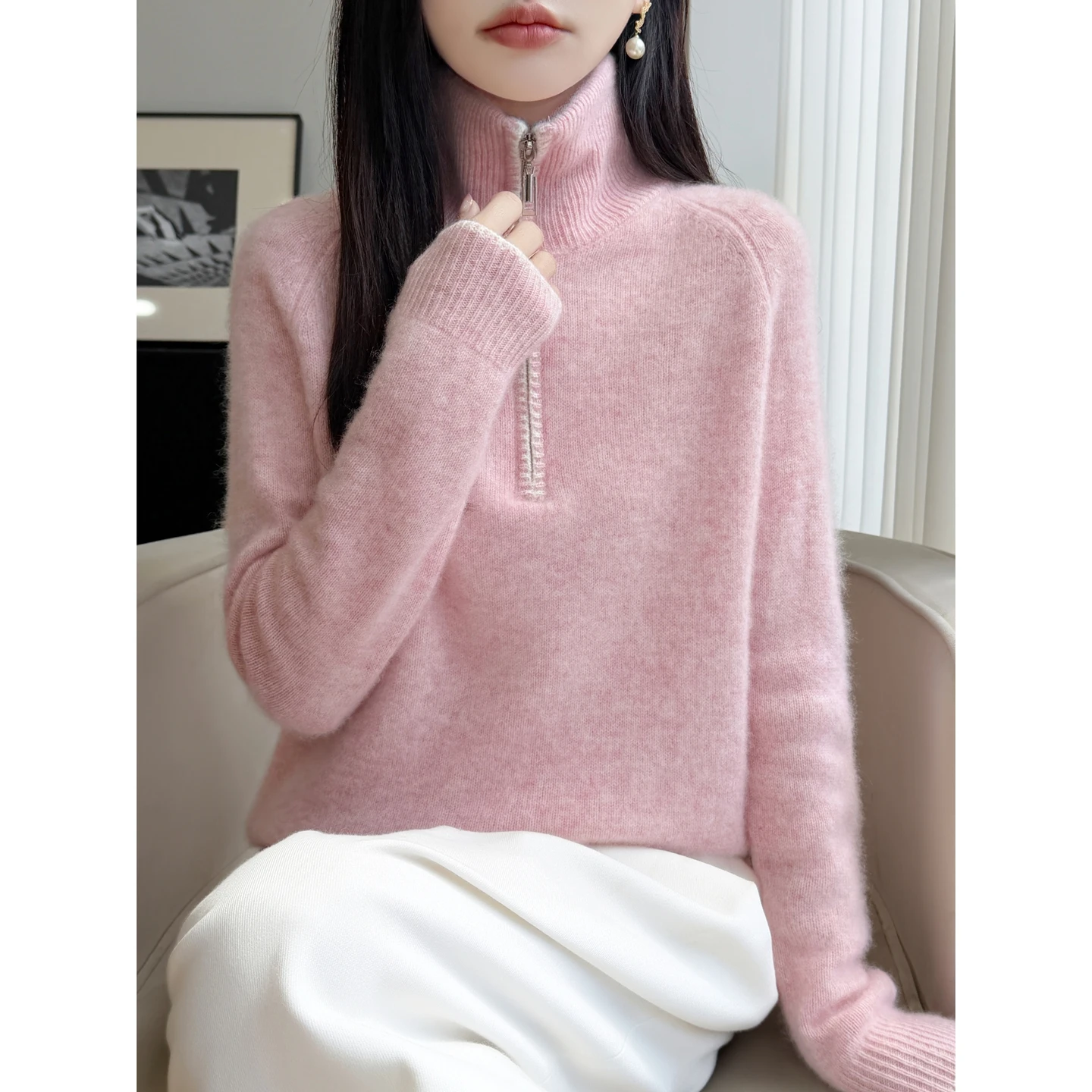 High collar half zipper 100% pure wool sweater women's autumn and winter European goods thickened loose bottom cashmere sweater