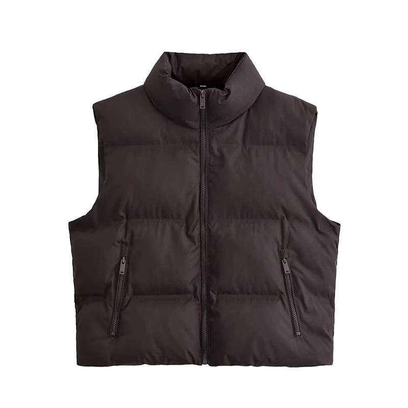 

2025 Winter New Arrival, sleeveless cotton vest with a stand-up collar design and a main zipper featuring a subtle pattern.