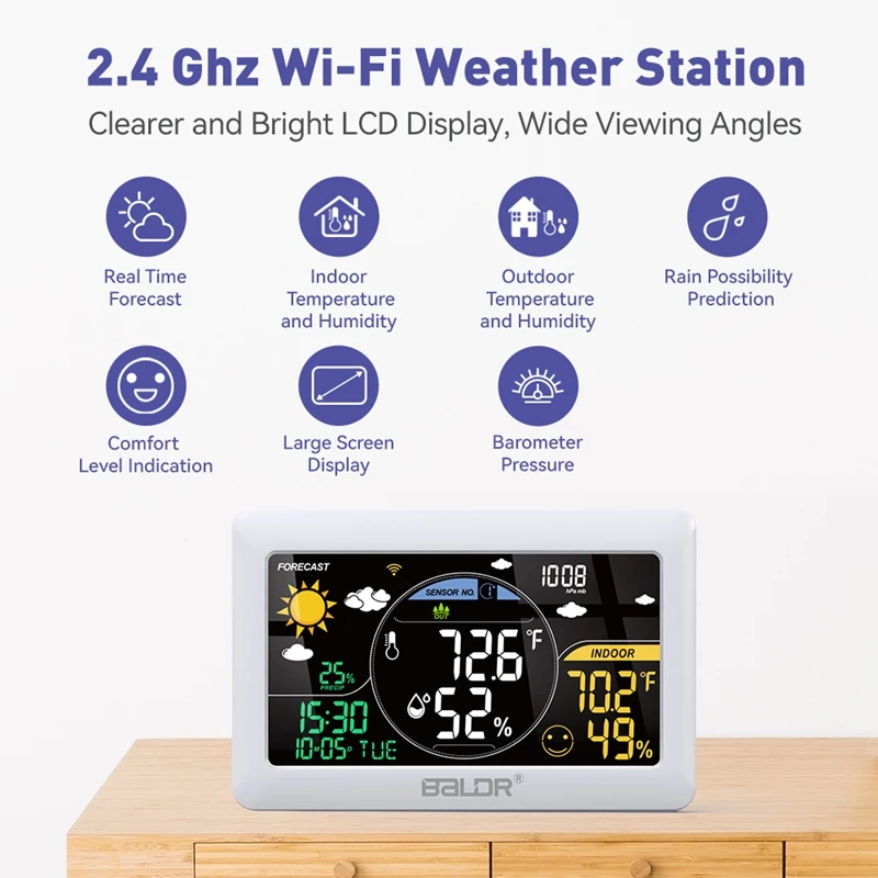 BALDR WiFi Weather Station Wireless Indoor Outdoor Thermometer Wall Alarm Clock Pressure App Online Real-time Forecast Monitor