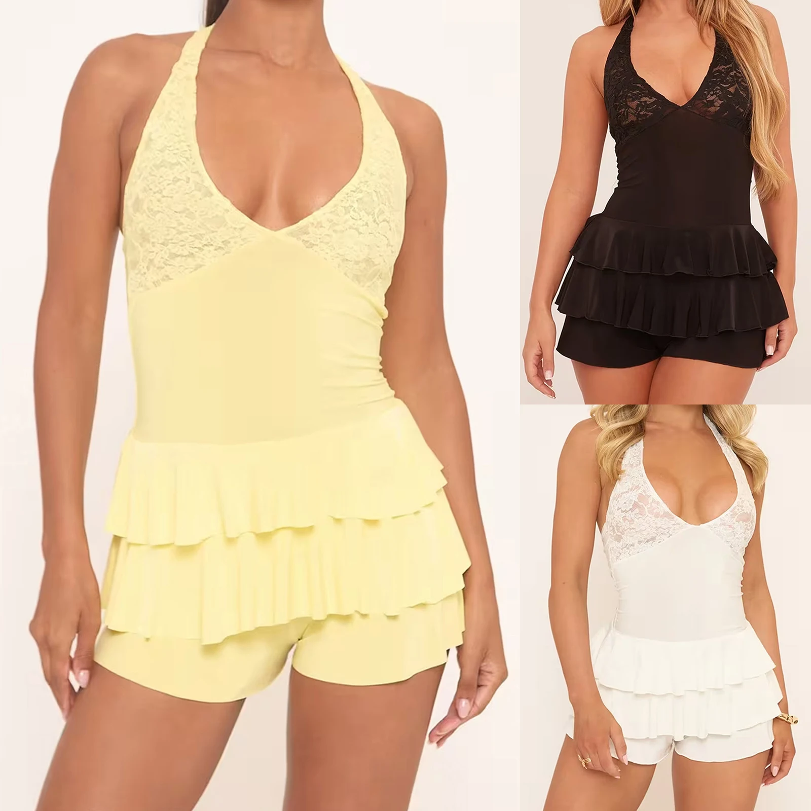 Summer Jumpsuits for Women Halter Neck  Fit Sleeveless Layered Ruffle Lace Short Rompers