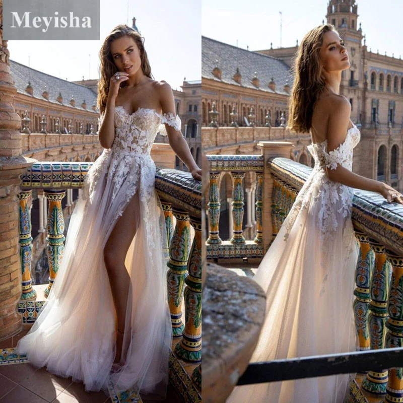 

ZJ9304 Vintage Beach Champagne 2024 Slit Tulle Wedding Dress For Bride Strapless Floor Length Bridal Gown Corset Back