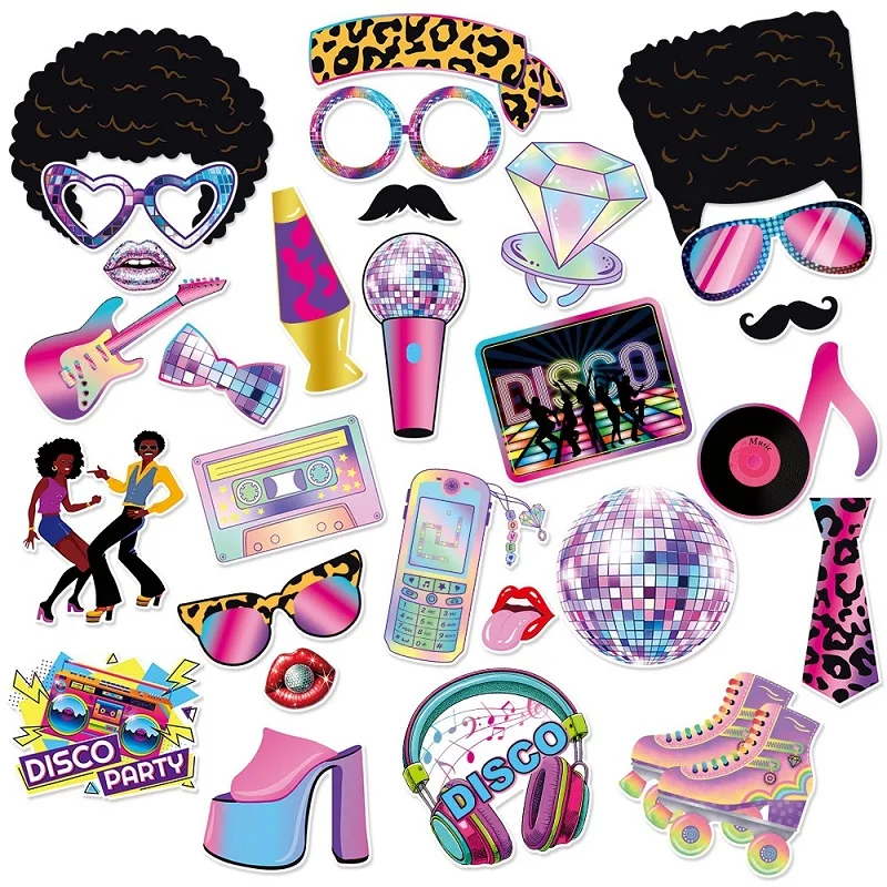 

28pcs Disco Party Decorations Handheld Photo Props Birthday Decorations Setup Disco Dance Party Silly Photo Booth