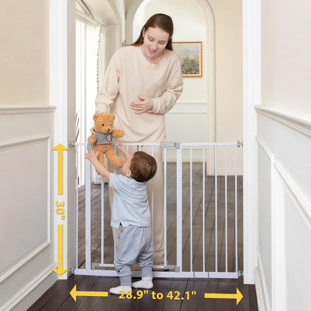 

Baby Gate for Stairs 28.9-42.1" Wide, 30" Tall Easy Step Walk Through Expandable Dual Lock Dog Gates for The House, White