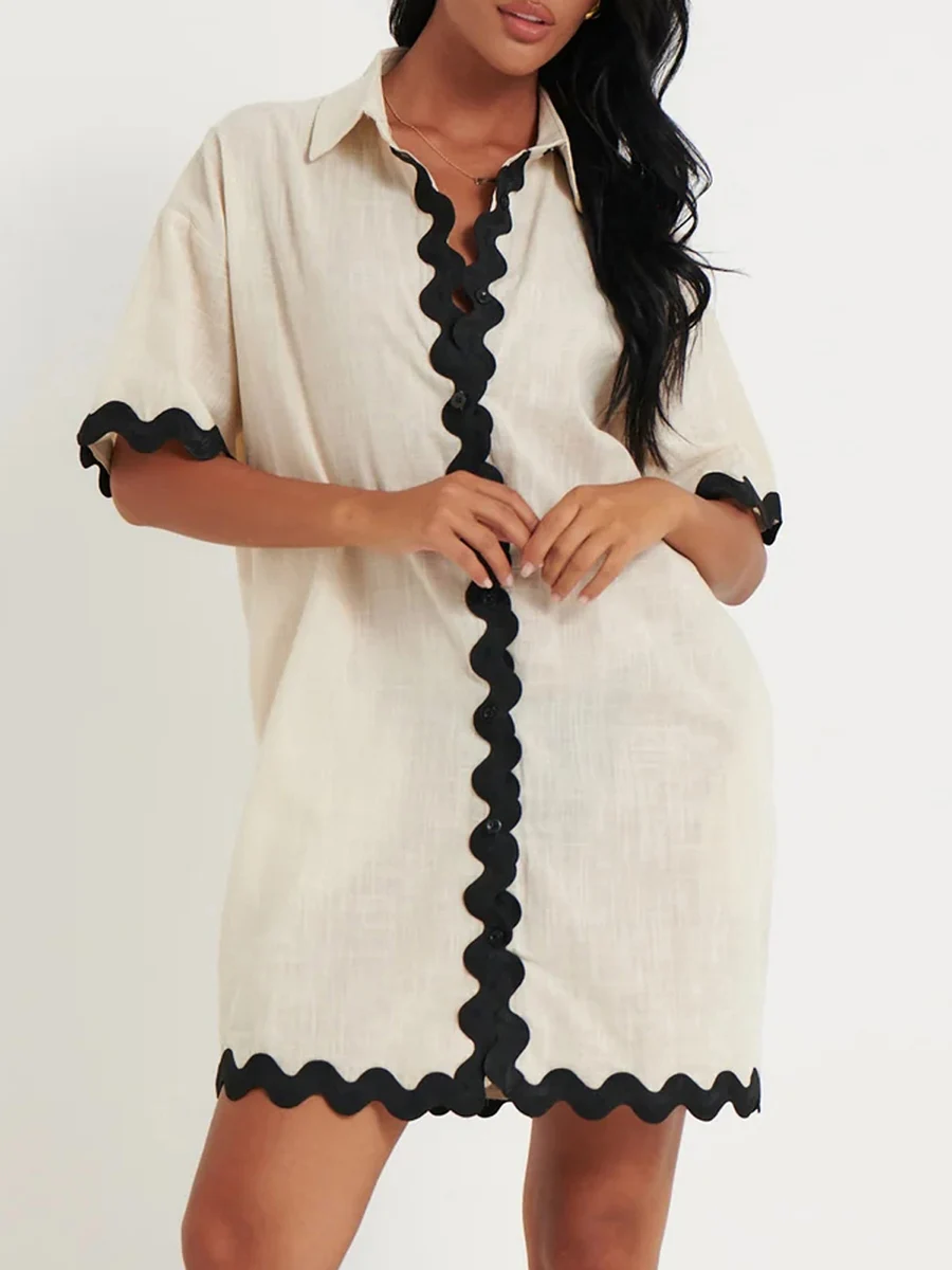 Women s Summer Shirt Dress Contrast Trim Ric Rac Short Sleeve Turn-Down Collar Loose Dress