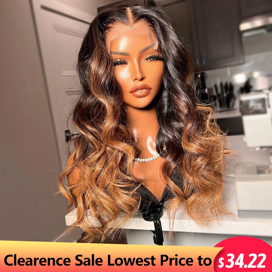 Ombre Honey Brown 13x4x1 Lace Part Human Hair Wigs Transparent T part Lace Middle Hairstyle Body Wave Wig Clearence Sale Wig