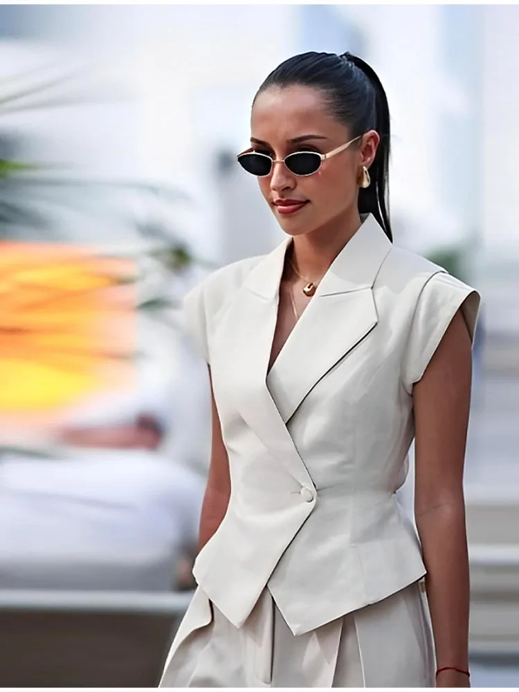 Setelan Celana Rompi Slim Fit Solid Kaus Kerah Wanita Atasan Lengan Pendek Satu Kancing Celana Panjang Longgar Pakaian Jalanan Harian Kasual Baru