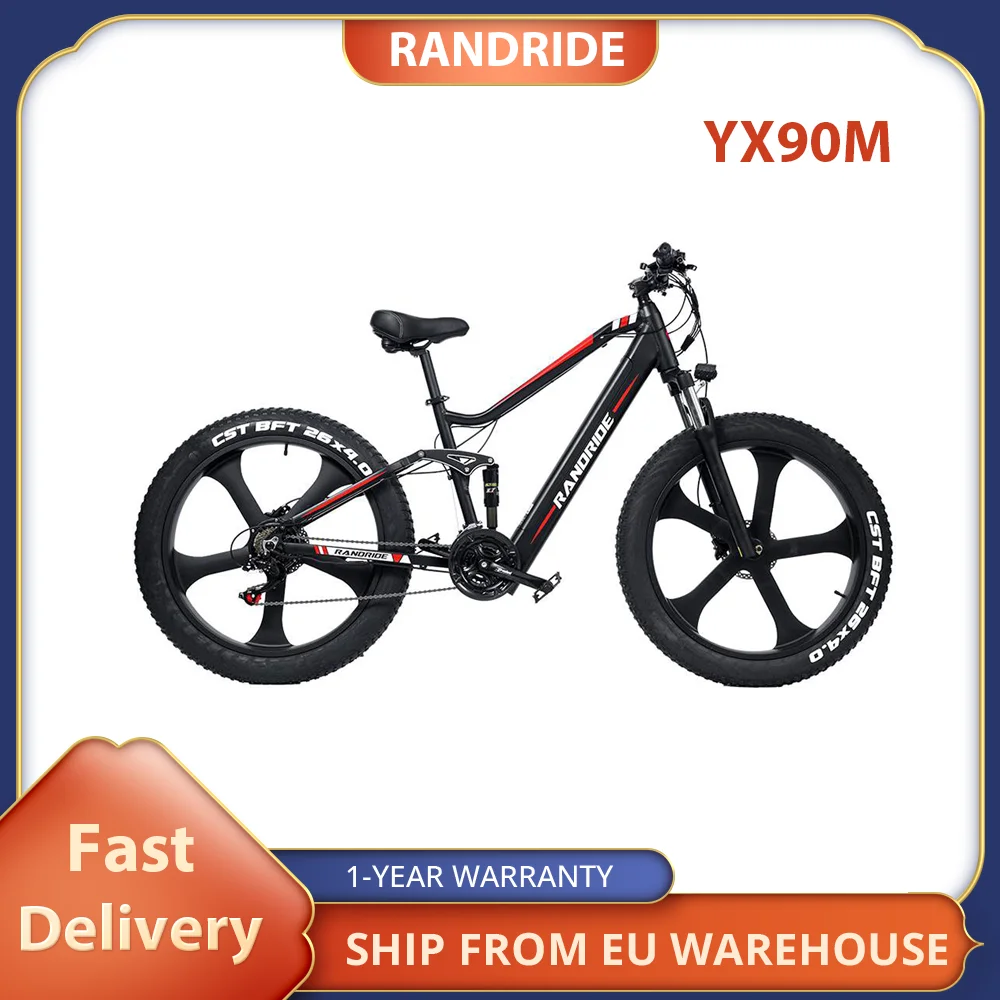 RANDRIDE YX90M Electric Bike, 1000W Brushless Motor, 48V13.6Ah Battery 26'' CST Fat Tire Adult E-bike 45km/h Max Speed Led light