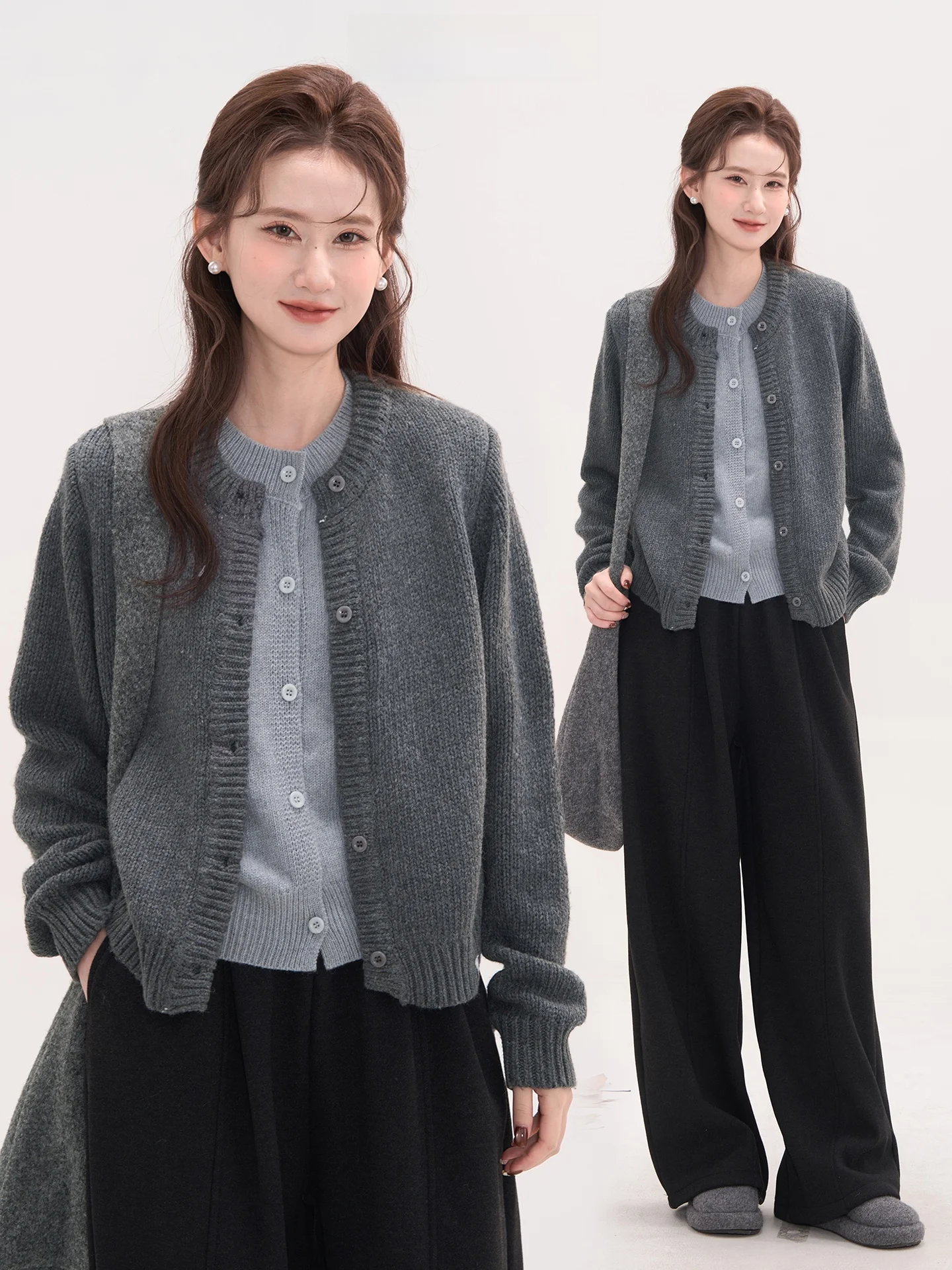 

Повседневный свитер-кардиган с круглым вырезом, имитация двухслойности, цветные блоки, осенне-зимняя женская одежда, цветочный принт, узор «Поле цветов»