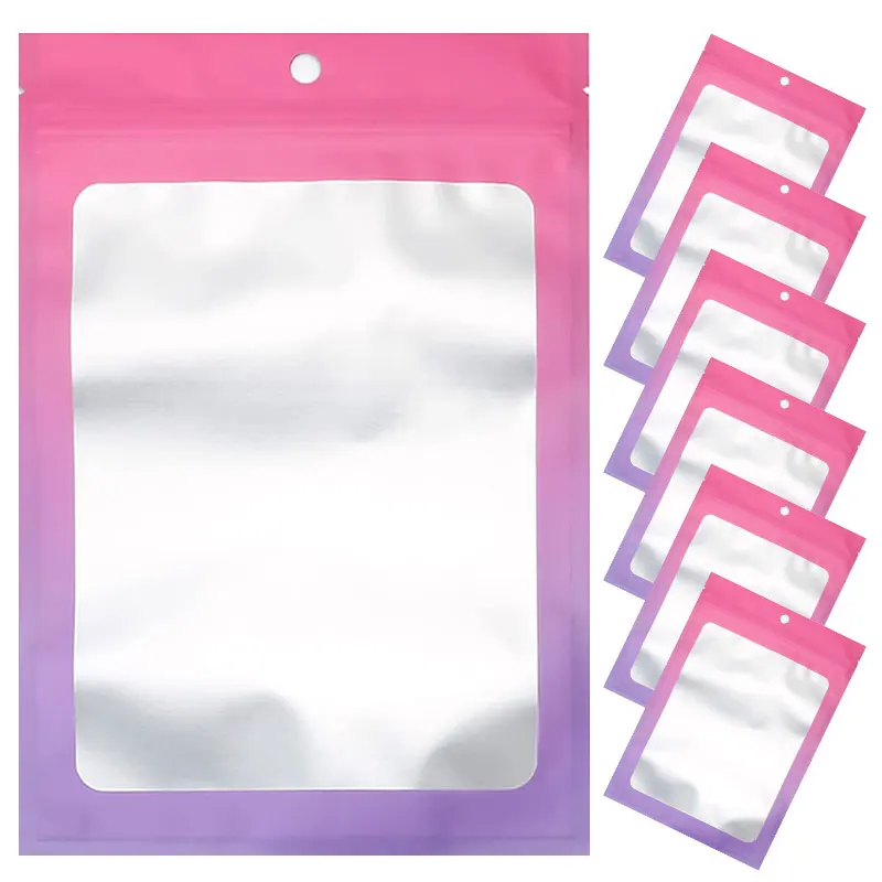 

50-100Pcs Pink Gradient Purple Resealable Mylar Ziplock Bags with Clear Window for DIY Jewelry Display Bag Gifts Packaging Pouch