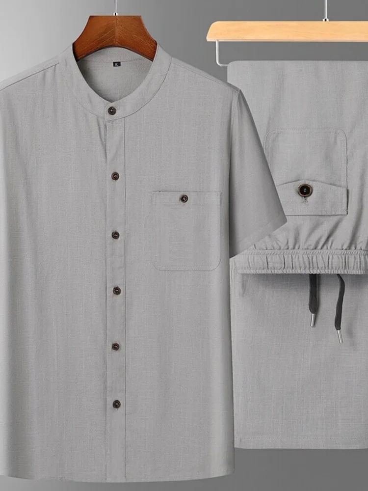 

New Summer Chinese Sle Dad irt Cotton Linen ort Sve Set for Middle-Aged Men Breathable Faion Urban Loose Fit Butto...