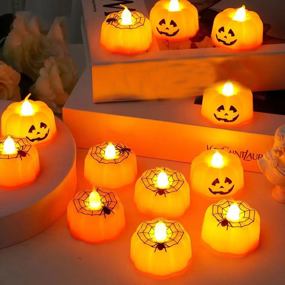 2PCS Mini LED Electronic Candle Lights Halloween Pumpkin Spider Web Lantern Flameless Flickering Candles Light Lamps Home Decor