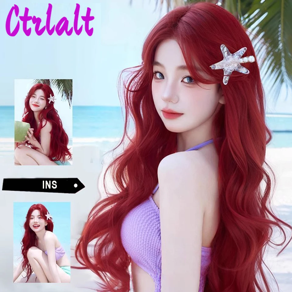 Red Hair Synthetic Long Curly Wig with Bangs Water Wave for Girls Ladies Cosplay Halloween Lolita Party Makeup Accessories