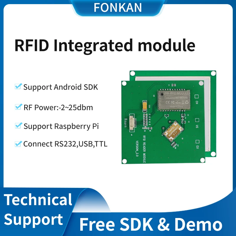 FONKAN ISO18000-6C 3M Rang UHF RFID Integrated Reader Module TTL232 with 4dbi Antenna 70*70MM 865-868Mhz 902-928mhz Free SDK