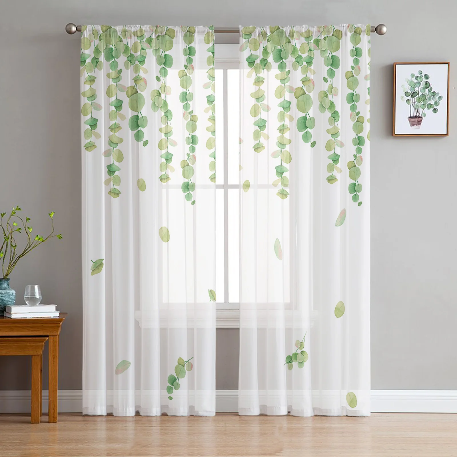 

Watercolor Eucalyptus Leaves Plant Green Sheer Window Curtains for Living Room Bedroom Modern Tulle Curtains Fabric Drapes