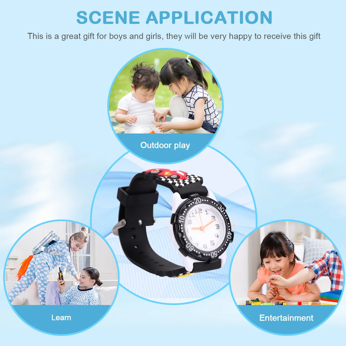 3D Cartoon Waterproof Watch Black Car Pattern Durable Wristband Comfortable for Gift 3D Watch