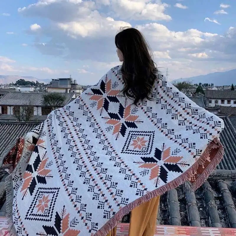 بطانية نسيج، بطانية بوهو كبيرة الحجم مع هامش، بطانيات رمي منسوجة هندسية جنوب غربية