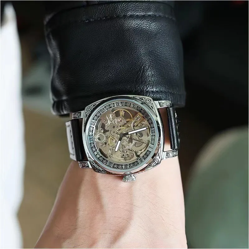 Genuine Goods in Stock Live Broadcast Cross-Border Men's Mechanical Watch Authentic Leather Hollow out Design Relief Carved Wate