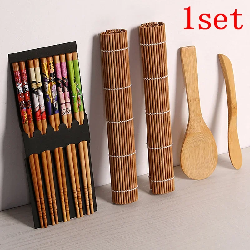 1 Juego de máquina para hacer Sushi de bambú DIY, Kits para hacer Sushi de arroz, herramientas de cocina en rollo, palillos, cuchara, hoja de Sushi, cortina para Sushi