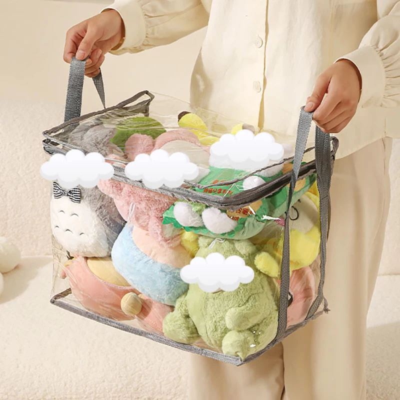 Transparent Zipper Storage Bag Stackable Storage Handle Bags Foldable Book Box Dust Proof Book Organizer Collapsible Clear Pouch