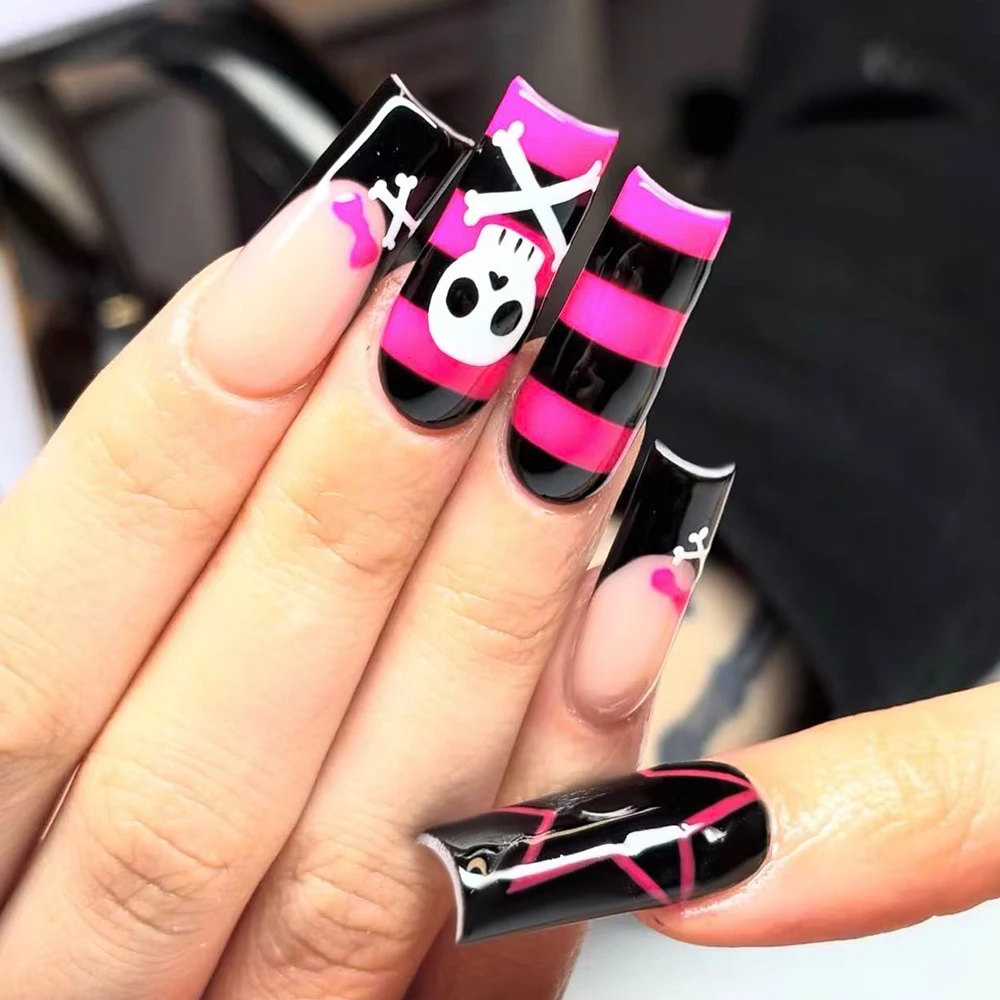 24-piece long coffin-shaped false nails Y2K black and pink press-on nails with skull stripes, gothic punk women's manicure