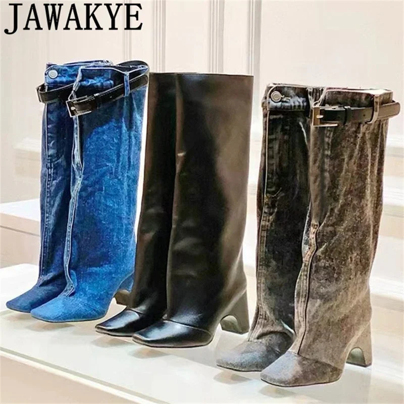 New Denim Belt Buckle Knee High Boots For Women Square Toe Chunky Heels Long Boots Winter Designer Western Cowboy Botas Mujer