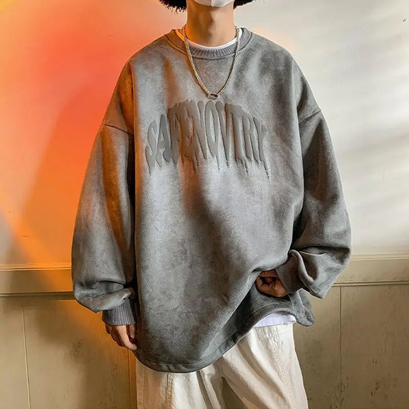 

Autumn Winter Large Size American Retro Suede Sweatirt Men's Haome round Ne Fce Lined Thi Long Sve No Cap