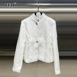 VGH Casual Solid Patchwork Feathers Tassel Jackets For Women Stand Collar Long Sleeve Spliced Button Loose Coats Female Fashion