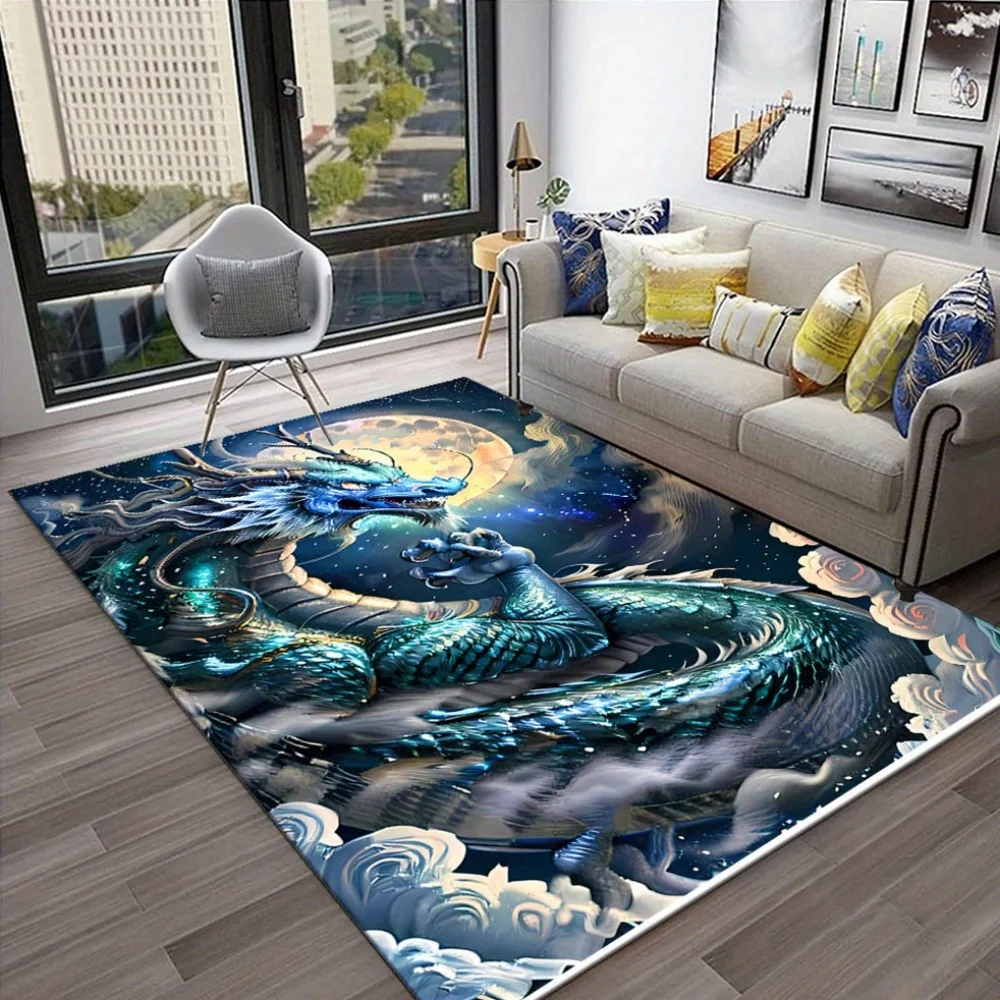 1pc Dragon Print Area Mat,  Crystal Velvet, Anti-Slip & Durable Floor Mat for Living Room, Bedroom, Office, Hotel - Blue